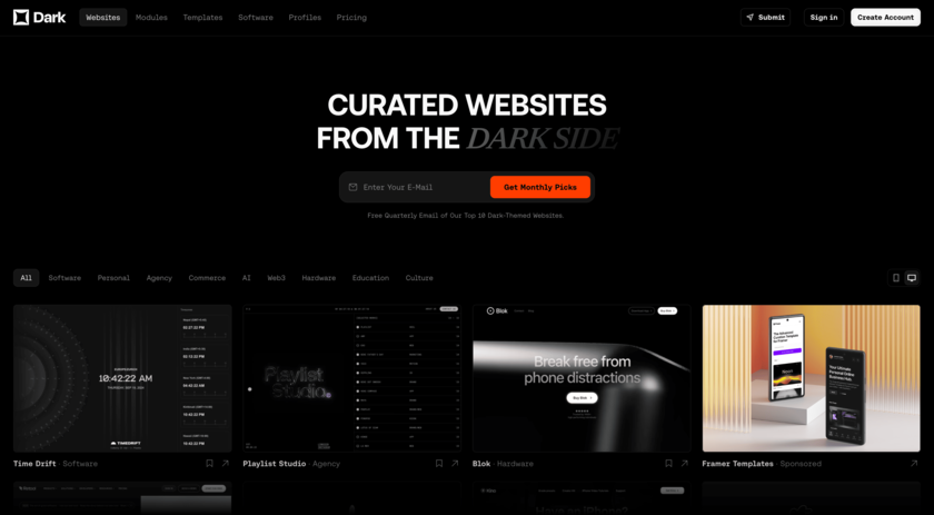 Un site qui répertorie des designs en thème sombre