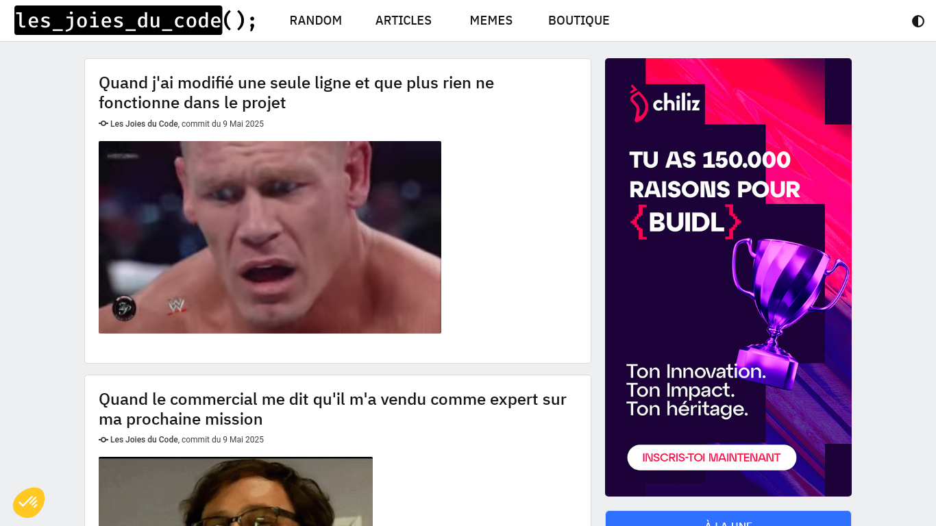 Les Joies du Code est un site de divertissement et d'actualité à destination des développeurs et développeuses.